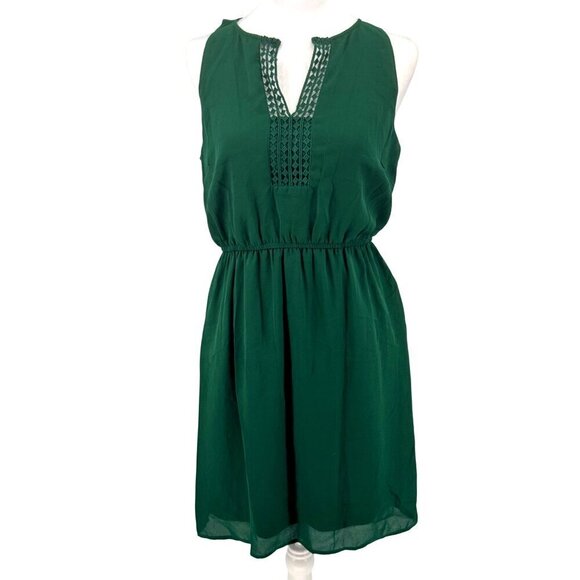 Hawthorn 41 Green Crochet-Detail Sleeveless Dress Sz M EUC Elastic Waist Spring - Picture 1 of 11